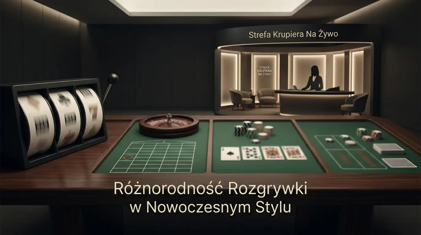 Ilustracyjna mozaika kategorii gier kasynowych: sloty, ruletka, blackjack, baccarat i live dealer