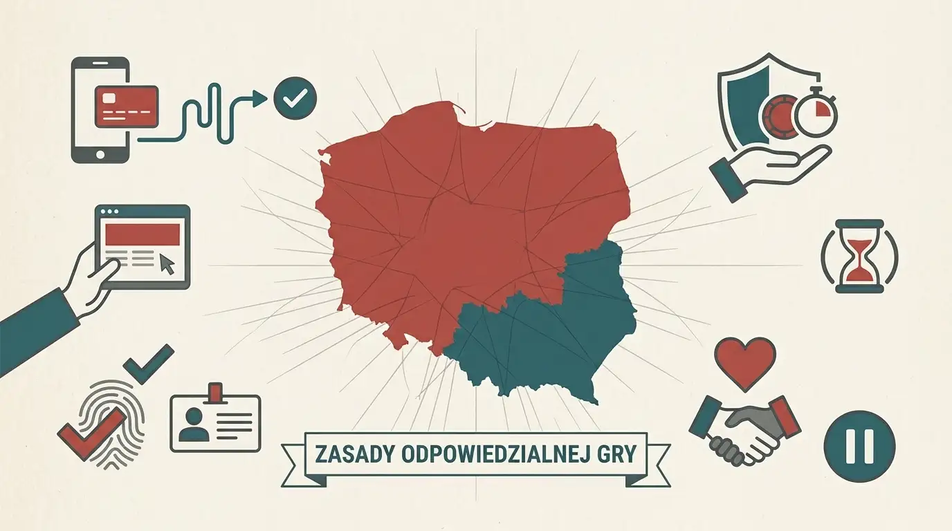 Neutralna mapa Polski z symbolami płatności cyfrowych i odpowiedzialnej gry